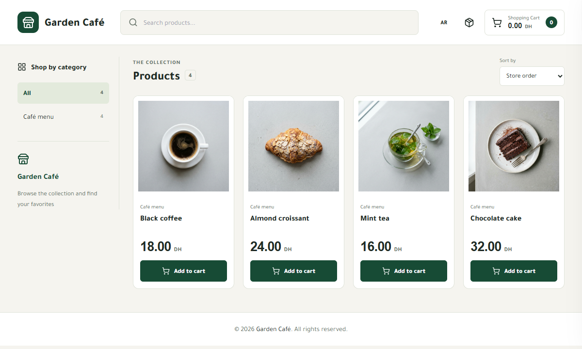 Posinu storefront showing a café catalog, product prices and order buttons