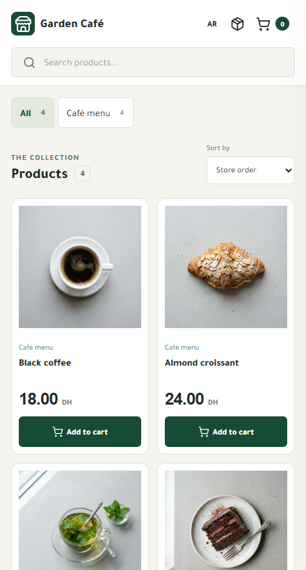 Posinu menu on a phone in table-ordering mode